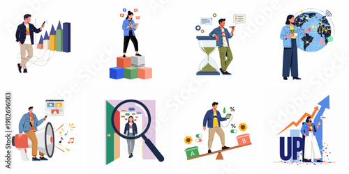 A collection of modern flat illustrations depicting various business, marketing, data analysis, and social media growth strategies for digital success.
