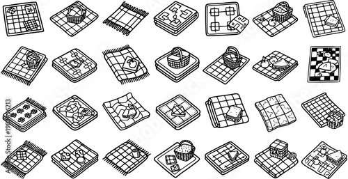 Black and White Line Art Picnic Blankets with Food and Baskets for Outdoors