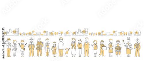 地域の人々と街並み　多様な職業と世代のコミュニティイラスト単色