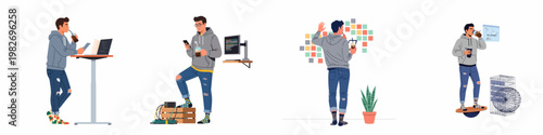 Set of illustrations depicting a modern male software developer working in various startup environments, coding, and managing tasks while enjoying iced coffee.