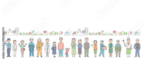 地域の人々と街並み　多様な職業と世代のコミュニティイラスト
