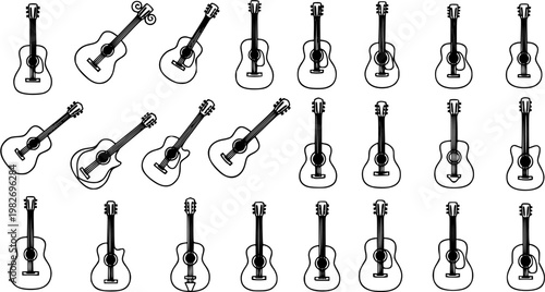 Black and White Line Art Illustration of Acoustic Guitars in Various Poses and Angles, Musical Instrument Collection