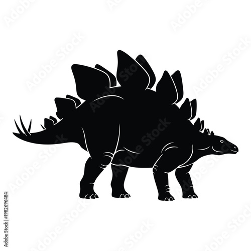 Black and white illustration of a stegosaurus dinosaur with distinctive plates and spiked tail