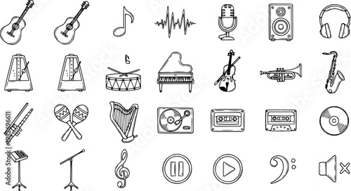 Black and White Line Art Icons of Musical Instruments and Audio Equipment