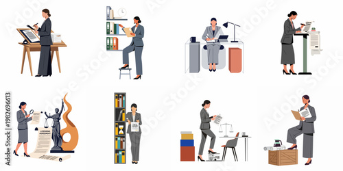 Collection of professional businesswomen and lawyers working on contracts, licensing agreements, and legal documents in various office settings.