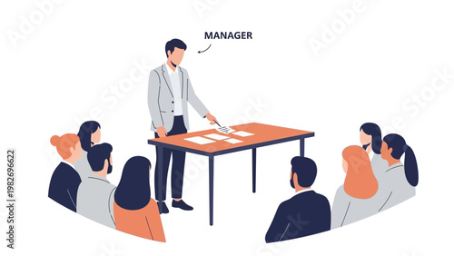 Manager leading a business meeting with employees around a table