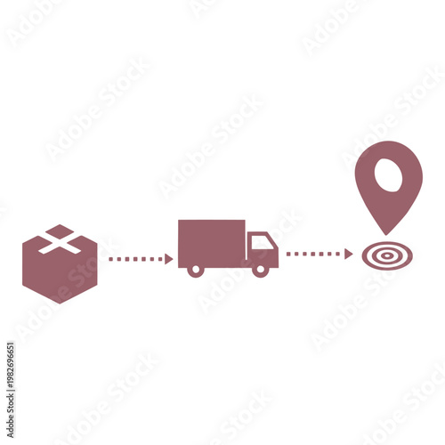 Delivery process illustrated with box truck and location pinpoint icon on transparent background