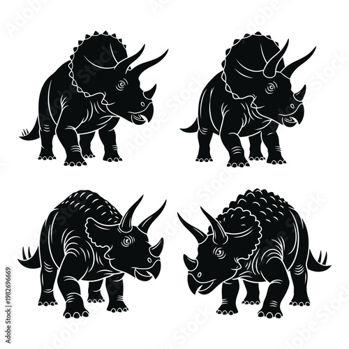 Four black silhouettes of different triceratops dinosaurs standing sideways and frontally in various poses on white background
