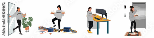 Vector illustration set showing a female student or intern delivering multiple cups of coffee and drinks in various office and university settings.
