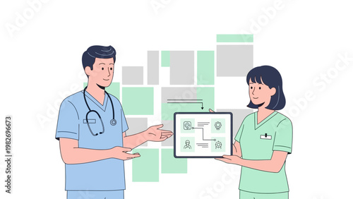 Medical professionals discussing patient care plan on tablet