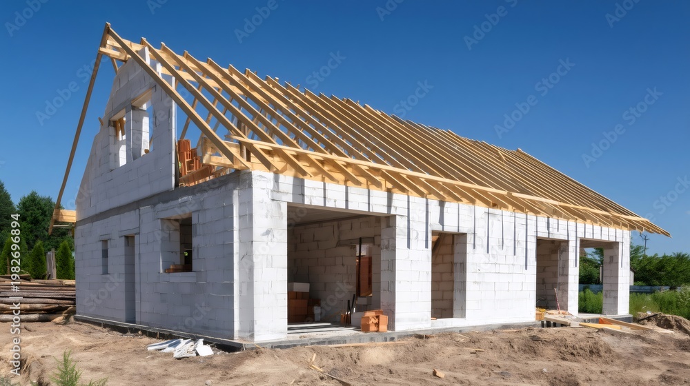Fototapeta premium New residential house construction framing a bare roof