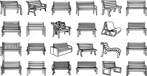 Diverse Park Benches and Outdoor Seating Collection. Black and White Line Art Vector Illustration of Urban Furniture for Public Spaces, Gardens, and Recreation.