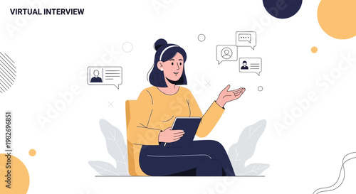 Virtual Interview Concept: Woman Conducting Online Job Interview with Chat Bubbles