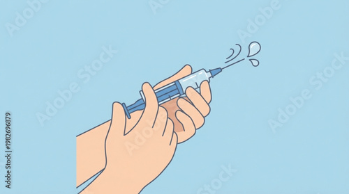 A hand holding a blue inhaler with medication spray, against a light blue background