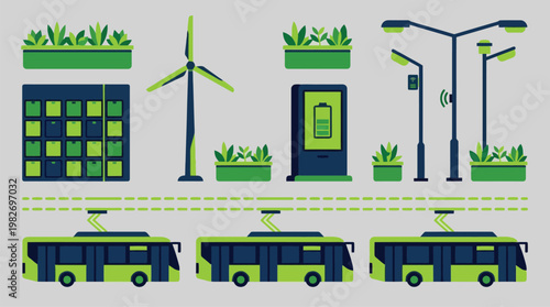 Eco city infrastructure featuring wind turbines solar panels and buses.