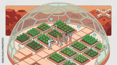 Domed greenhouse interior with lush plants and raised beds.