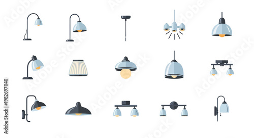 Collection of modern ceiling and desk lamps, chandeliers, and sconces