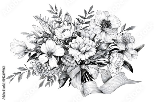 Floral bouquet pencil drawing with ribbon line art