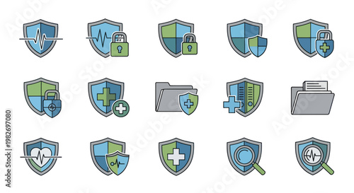 Medical Security Icons: Shields, Locks, Health, Data, Magnifying Glass, Folders