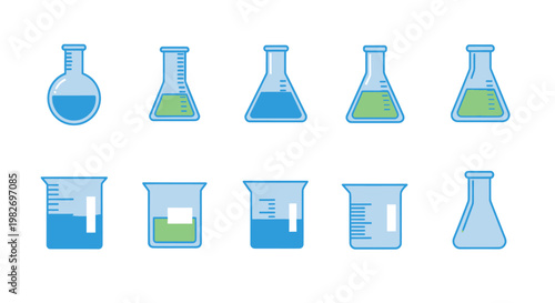 Science Laboratory Glassware Collection: Flasks and Beakers with Blue and Green Liquid