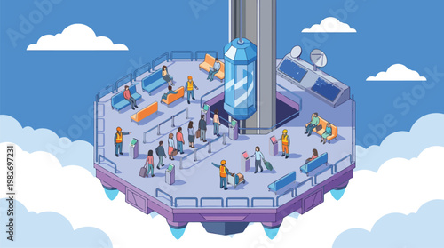 Floating laboratory platform with researchers in futuristic facility.