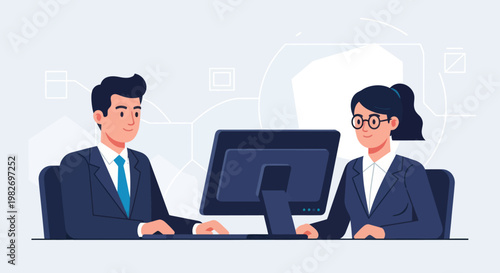 Business professionals working together at a computer, modern office illustration