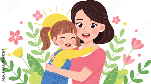 Woman Hugging Young Girl Outdoors.