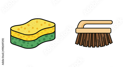 Cleaning Sponge and Brush Icon Set on White Background