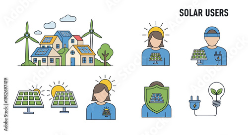 Solar Energy Users Set: Houses, Wind Turbines, Solar Panels, People Icons