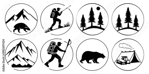 Set of adventure and nature icons featuring hiking mountains camping and wildlife silhouettes adventure mountains wildlife landscape outdoors silhouette backpacking climbing trekking