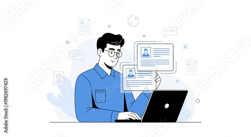 Man working on laptop with digital profiles and documents, online recruitment concept