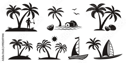 Set of tropical island and beach silhouettes with palm trees sailboat and coconuts palm tree coconut tree tropical sailboat silhouette vacation paradise landscape illustration