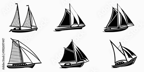 Collection of varied sailboat silhouettes in a graphic icon style depicting different sailing vessels and designs on a white background sailboat nautical silhouette transport adventure
