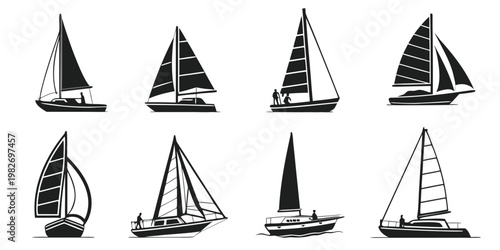 Diverse collection of black silhouette icons showcasing various sailboats and yachts in different designs and angles on white background with sailboat race sailboats watercraft maritime