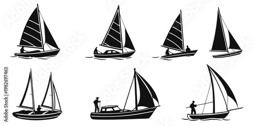 Collection of detailed sailboat silhouettes with crew on board depicted in various sailing positions on water sport sailboat nautical recreation illustration silhouette isolated
