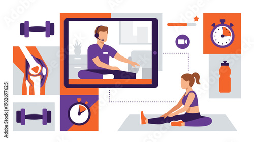 Online Home Workout Session With Instructor On Screen.