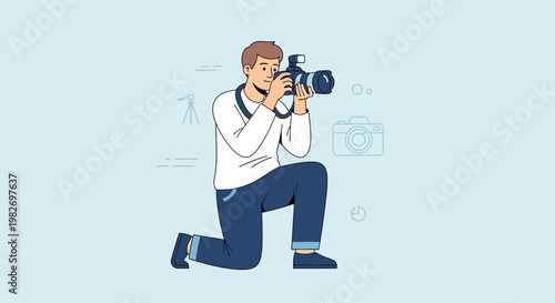 Photographer Kneeling with Camera, Capturing Moments, Professional Photography Concept
