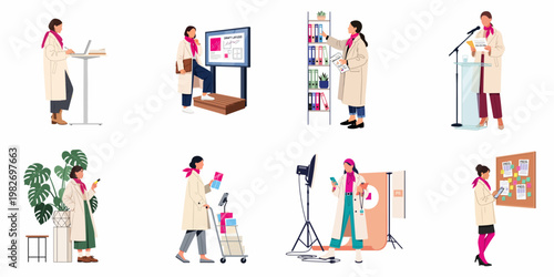 Collection of flat vector illustrations showcasing a professional woman in various work scenarios, including public relations, presentations, and office management.