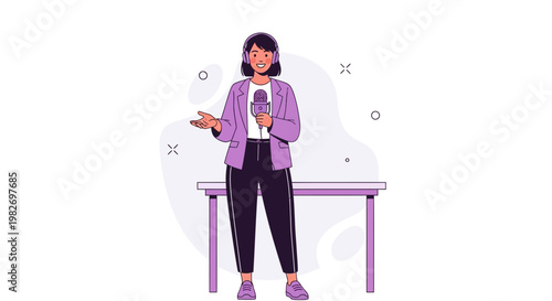 Podcast Host with Microphone and Headphones, Recording Studio Setup, Live Interview