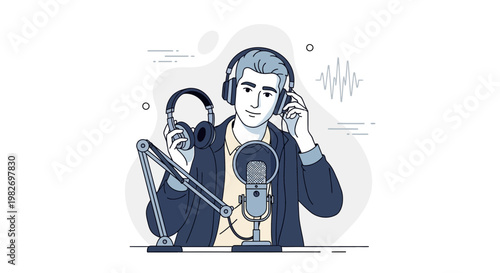 Podcaster with Headphones and Microphone Recording Audio - Illustration
