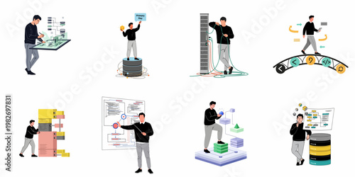 Set of IT Professional and Data Management Illustrations Showcasing Database Administration, Server Maintenance, and Software Development Processes
