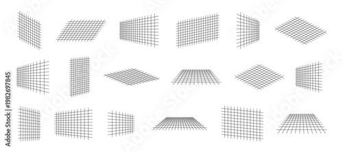 Vector Perspective Grid Collection. 3D Wireframe Plane Elements.