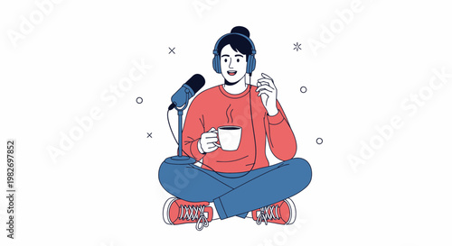 Podcaster with Headphones and Microphone Recording Audio While Drinking Coffee