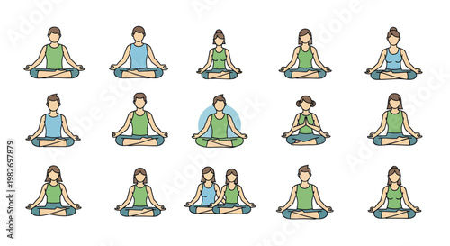 Diverse Meditating People Icons: Yoga, Zen, Mindfulness, Wellness Collection