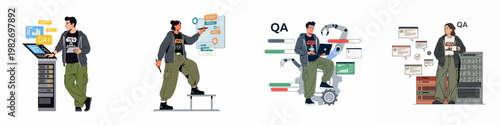 Set of four flat vector illustrations of quality assurance engineers and software developers working with servers, automated systems, and digital interfaces.