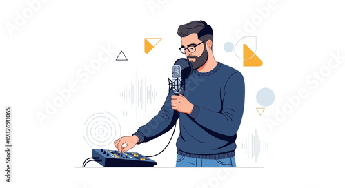 Podcaster with Microphone and Sound Mixer, Recording Audio