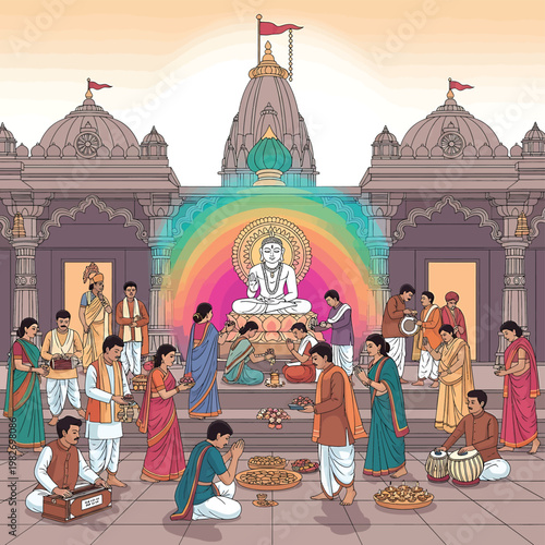 Hindu people gather around statue.