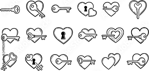 Love and Romance Industry Heart and Key Line Art Icons Set - Hand-Drawn Outline Symbols for Relationships, Security, and Emotional Connection