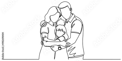 A single continuous line drawing of a happy family consisting of a mother father and young child