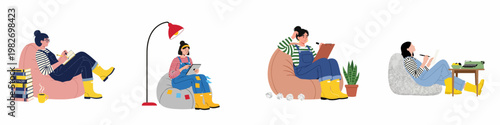Set of creative women working from home in comfortable bean bag chairs, engaged in writing, drawing, and artistic brainstorming sessions.